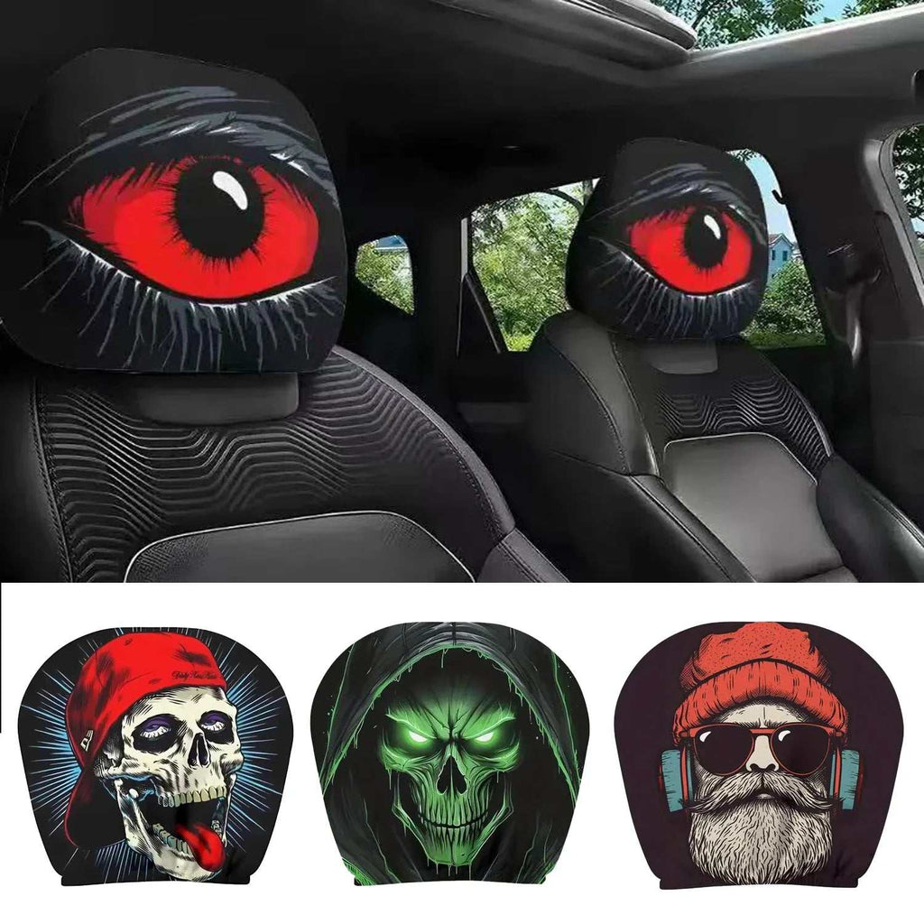2PCS Universal Fit car headrest covers in black polyester, printed with bold red cartoon eyes and assorted skull designs