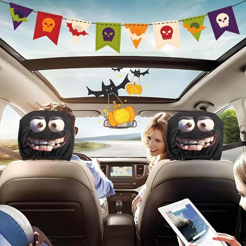 2PCS Universal Fit car seat headrest covers in black polyester, printed with oversized cartoon eyes and grinning teeth