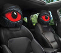 2PCS Universal Fit car headrest covers in black with bold red cartoon eyes and white lashes printed on both sides