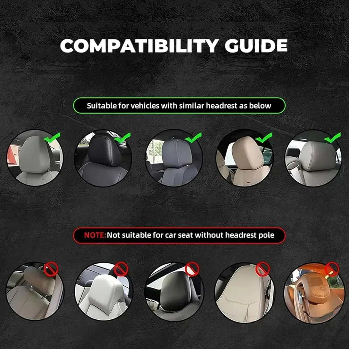 2PCS Universal Fit car headrest protector compatibility guide showing suitable headrests with green checks and unsuitable styles with red crosses