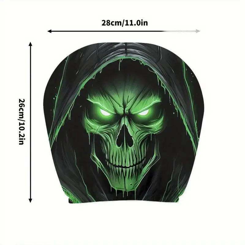 2PCS Universal Fit car headrest cover with a black hood and vivid neon green glowing skull print, polyester