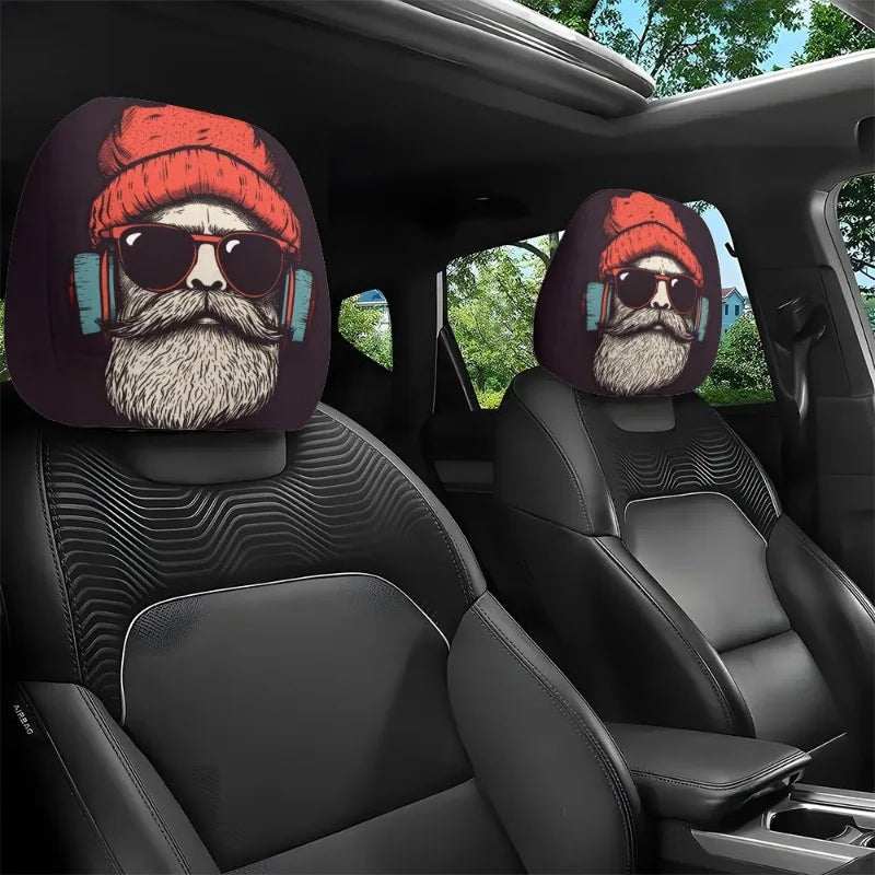 2PCS Universal Fit car headrest covers in dark fabric, printed with a bearded cartoon face wearing a red knit hat and sunglasses
