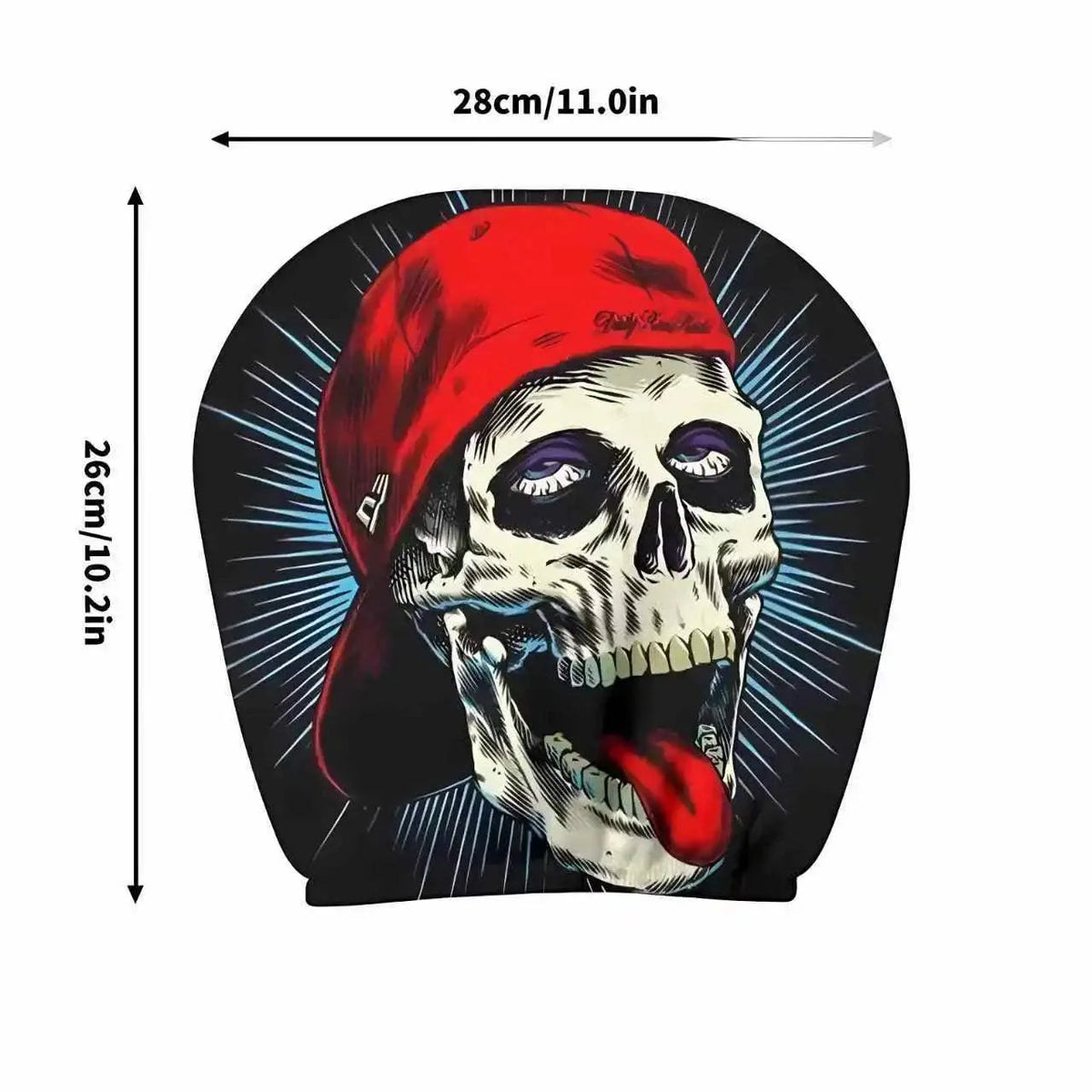 2PCS Universal Fit car headrest cover in black polyester, printed with a skull wearing a red cap and protruding tongue