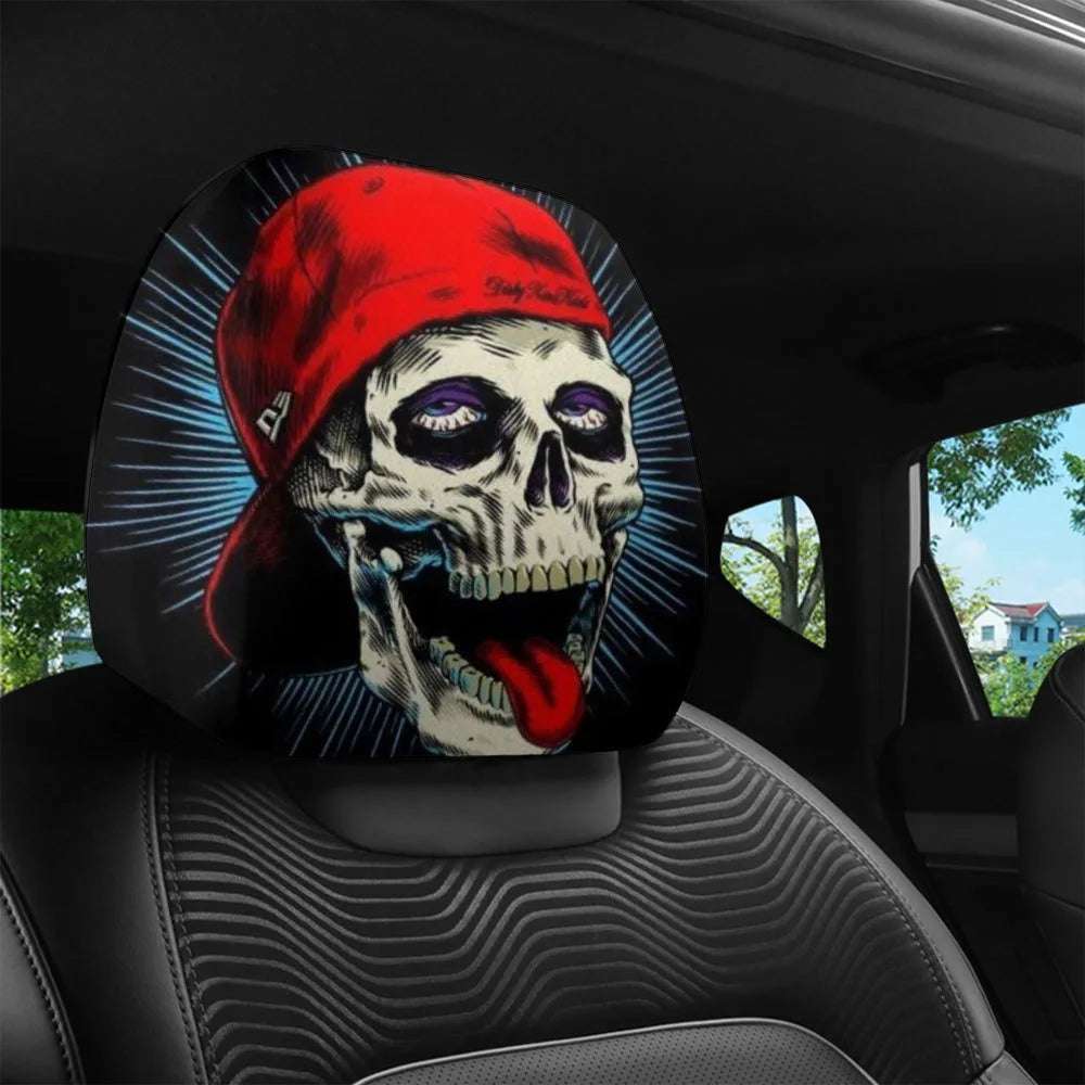2PCS Universal Fit car headrest cover in black polyester, featuring a vivid skull face with a red bandana print