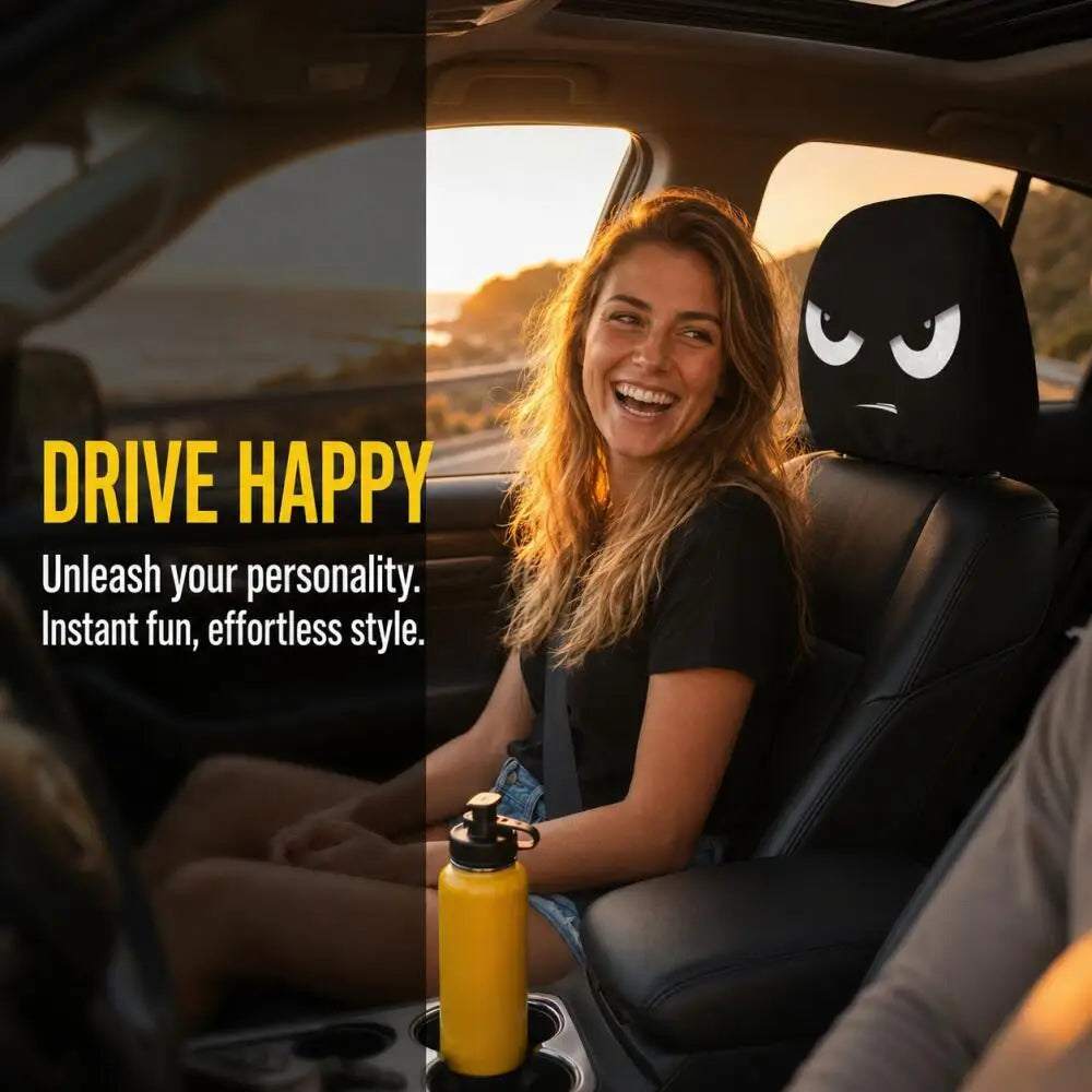 2PCS White Crooked Slant Eyes car headrest cover with bold white slanted eyes printed on black fabric