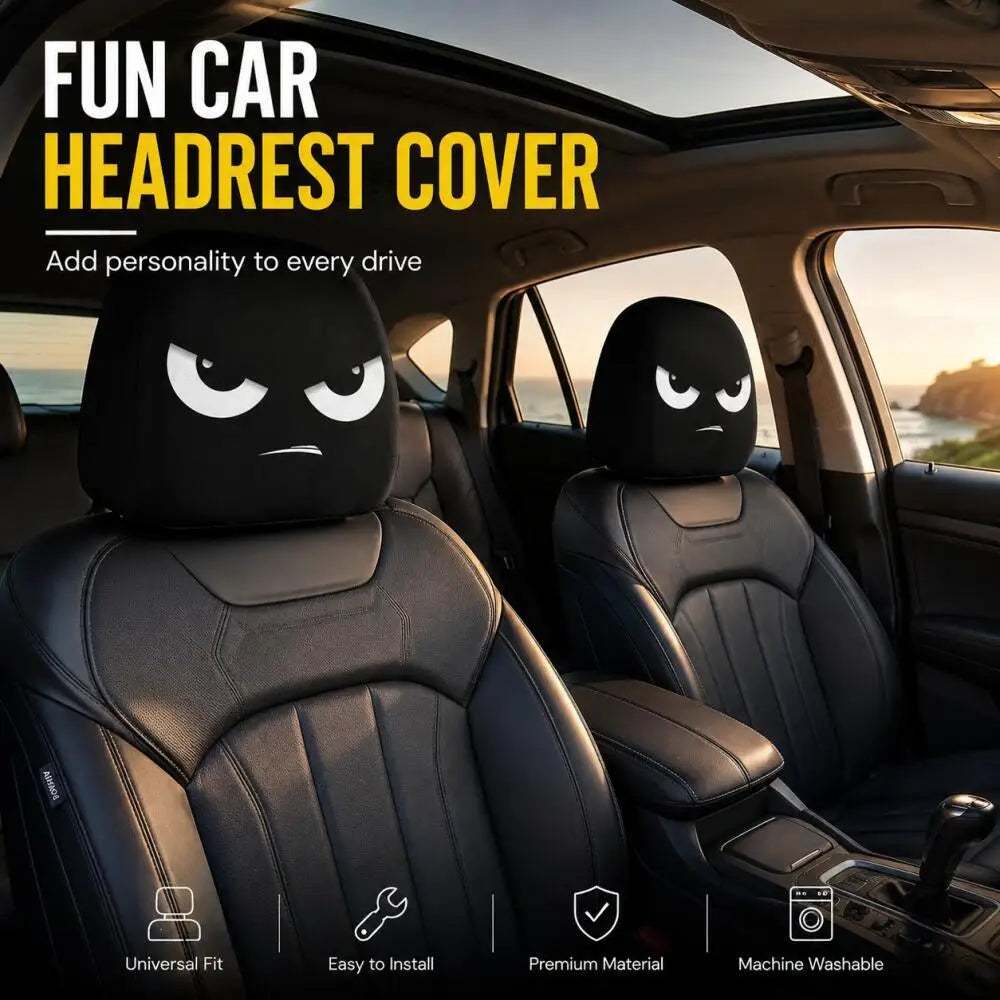 2PCS White Crooked Slant Eyes headrest covers in black fabric, each printed with white angry cartoon eyes and a frown