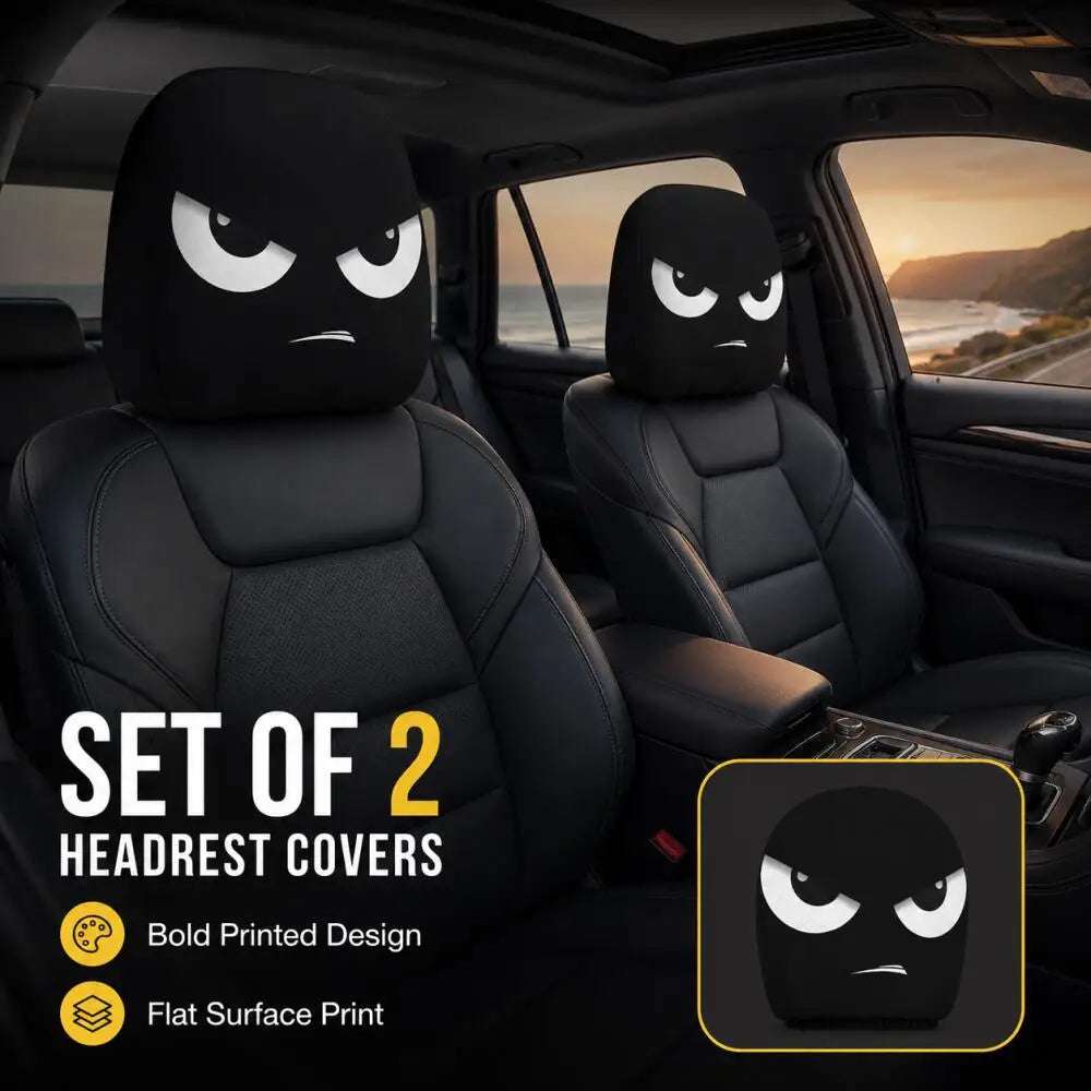 2PCS White Crooked Slant Eyes headrest covers in black fabric with bold white angry eyes and a small frown print