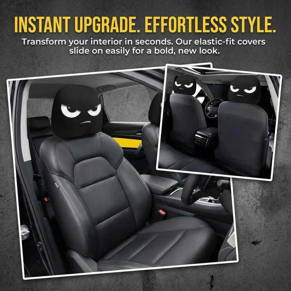 2PCS White Crooked Slant Eyes headrest covers in black polyester with bold white cartoon eyes and elastic fit