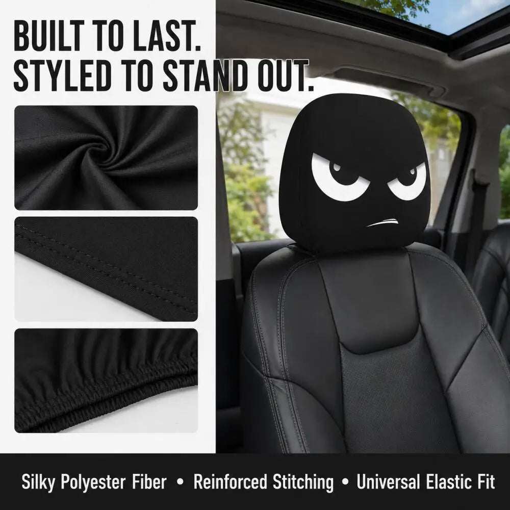 2PCS White Crooked Slant Eyes black polyester car headrest cover with printed angry white eyes and a frown