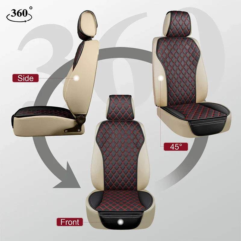 3pcs Set PU Leather car seat cover shown in front, side and angled views, with beige sides and black red-diamond quilted panels