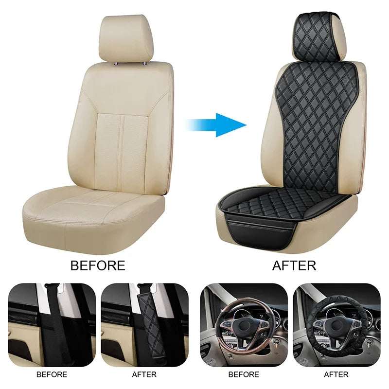 Car seat cover, 3pcs Set PU Leather in black with diamond quilting, shown fitted over a beige seat beside the original seat