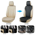 Car seat cover, 3pcs Set PU Leather in black with diamond quilting, shown fitted over a beige seat beside the original seat
