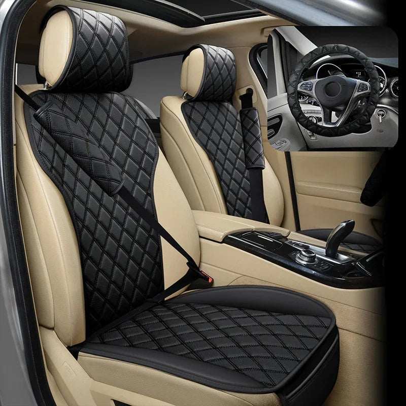3pcs Set PU Leather car seat cover in black diamond-quilted panels with beige side accents, plus matching steering wheel cover