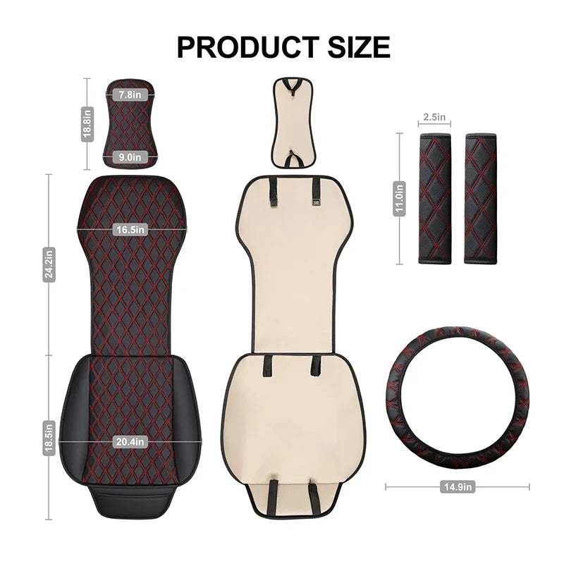3pcs Set PU Leather car seat cover kit with black quilted panels and red diamond stitching, shoulder pads and steering wheel cover