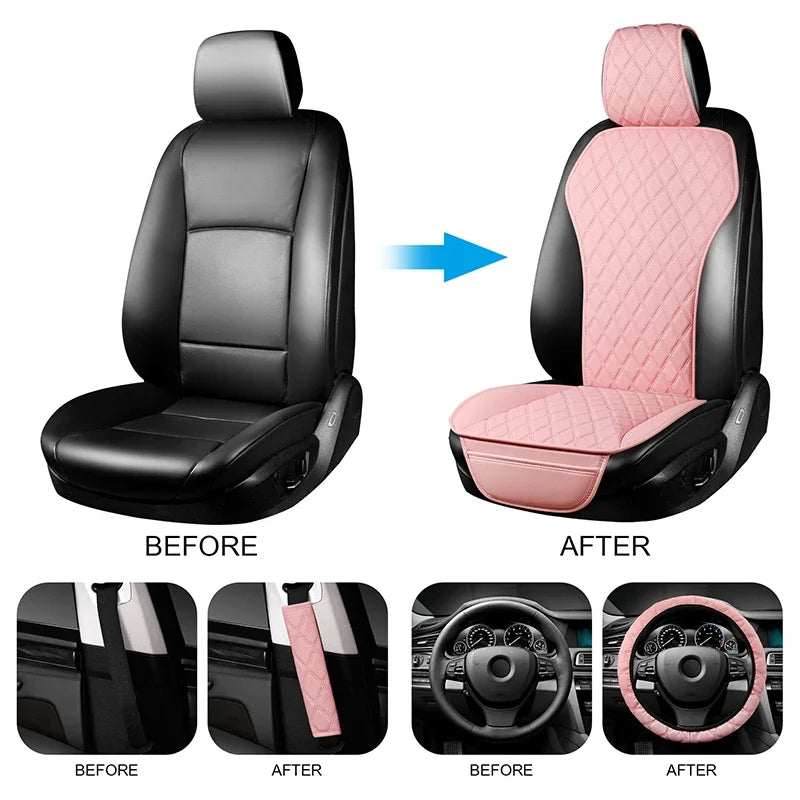 Car seat cover set, 3pcs Set PU Leather in pink quilted material with black trim, plus matching steering wheel and belt pad covers