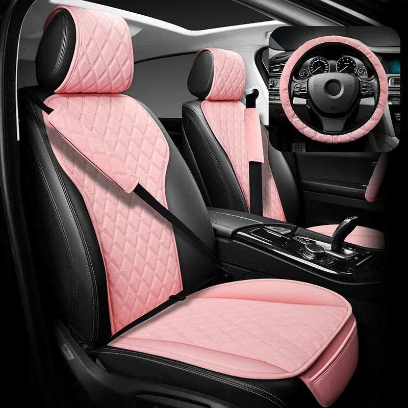 3pcs Set PU Leather car seat cover in pink quilted material with black trim, matching steering wheel cover and shoulder pad