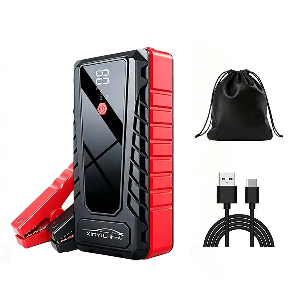 4000A High-power Automobile jump starter with a black and red ABS case, digital display, clamps, storage pouch and cable