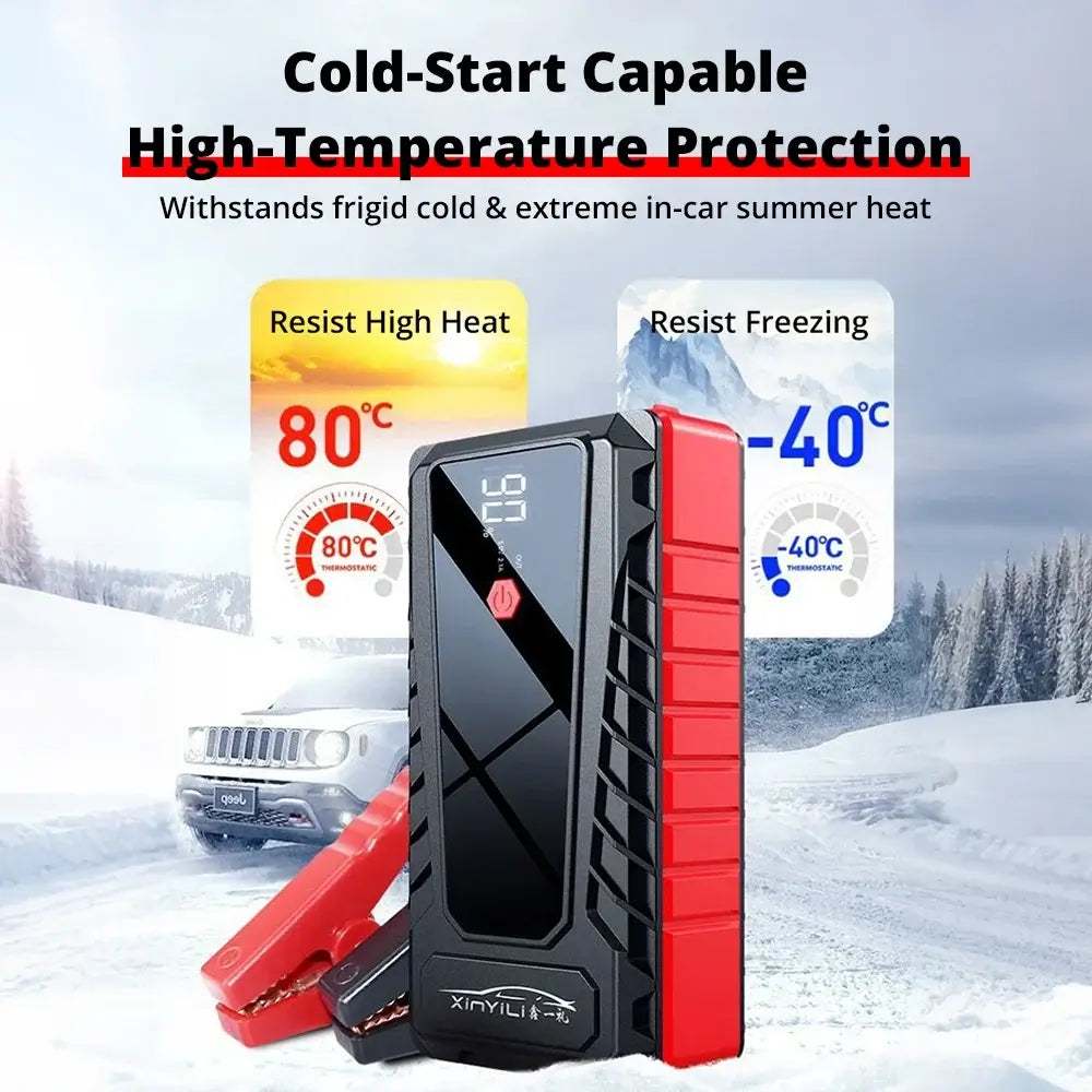 4000A High-power Automobile jump starter with black and red ribbed casing, digital display, and red battery clamps