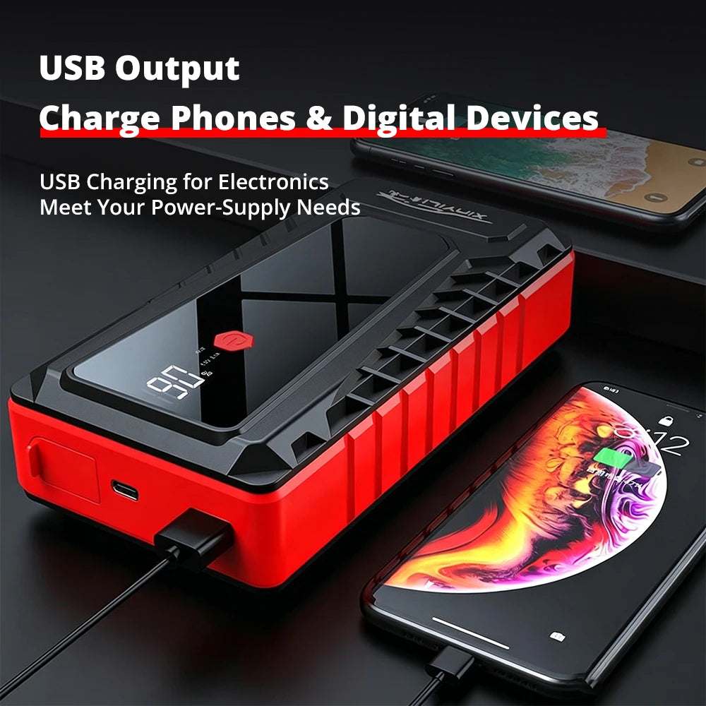 4000A High-power Automobile jump starter in red and black ABS with digital display, USB port, and charging cable
