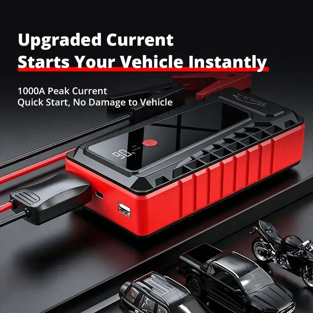4000A High-power Automobile jump starter with a red and black ridged casing, glossy touchscreen, and attached cables