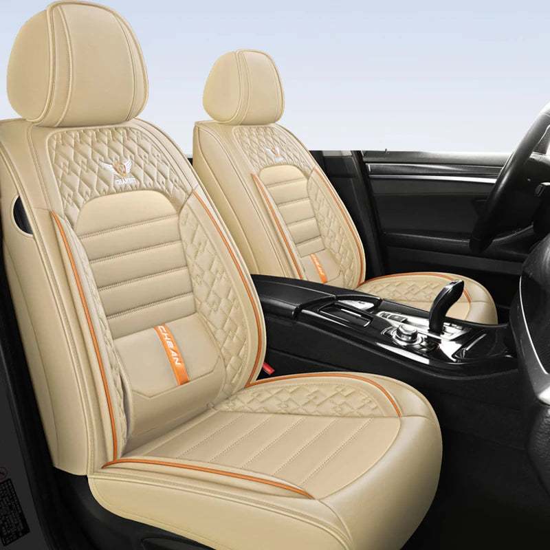5-Seat Universal Car Seat Cover in beige faux leather with diamond quilting, orange piping, and padded lumbar panels