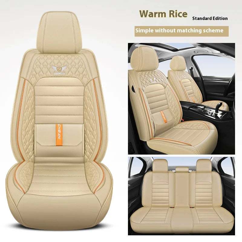 5-Seat Universal Car Seat Cover in warm rice beige artificial leather, with quilted panels, ribbed cushions and orange piping