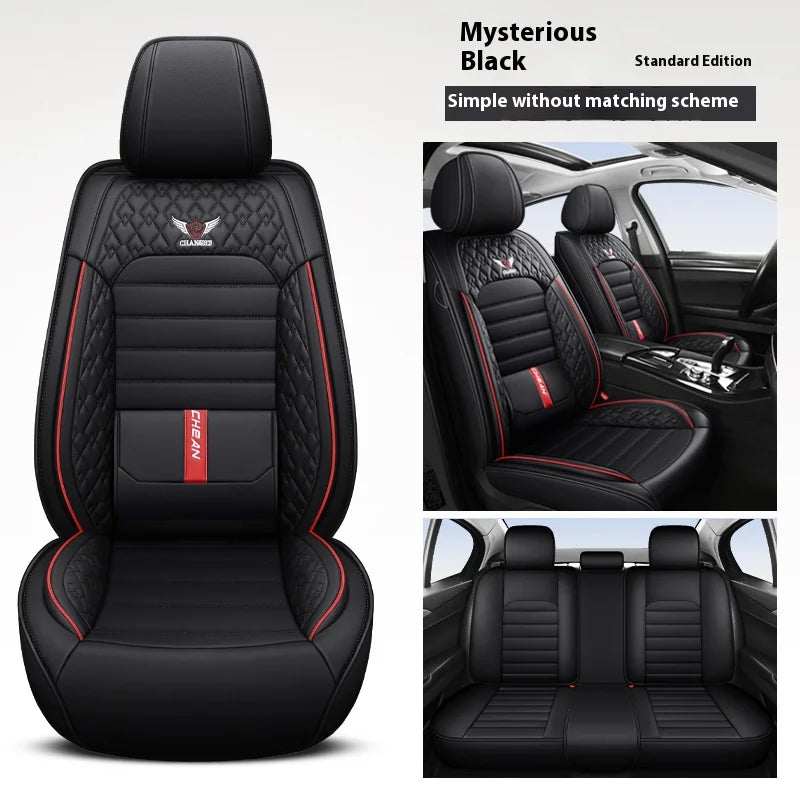 5-Seat Universal Car Seat Cover in black artificial leather with quilted diamond panels, ribbed cushions and red piping