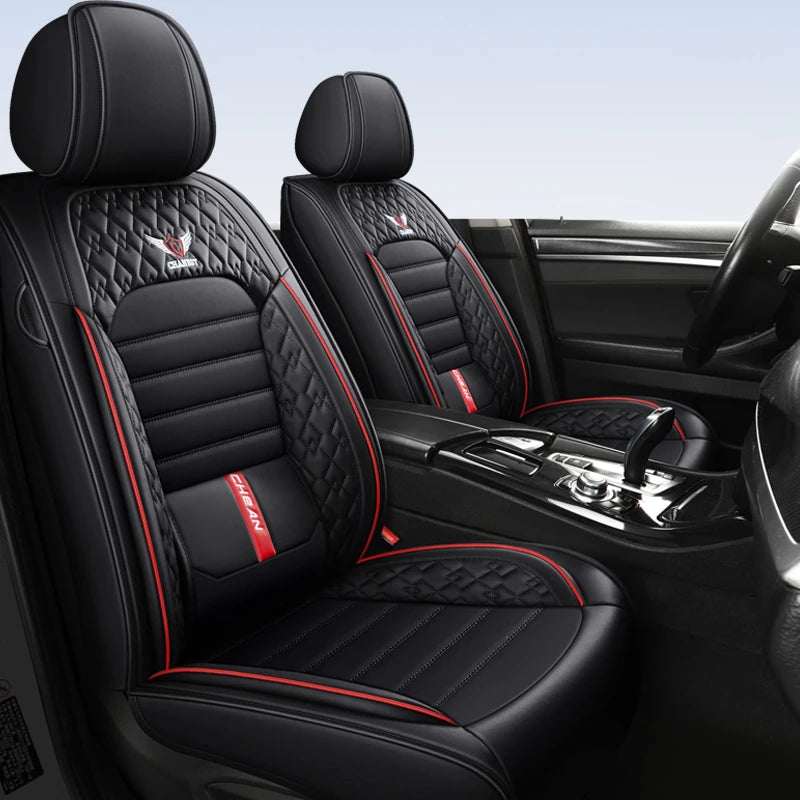 5-Seat Universal Car Seat Cover in black artificial leather with quilted panels, red piping and lumbar support