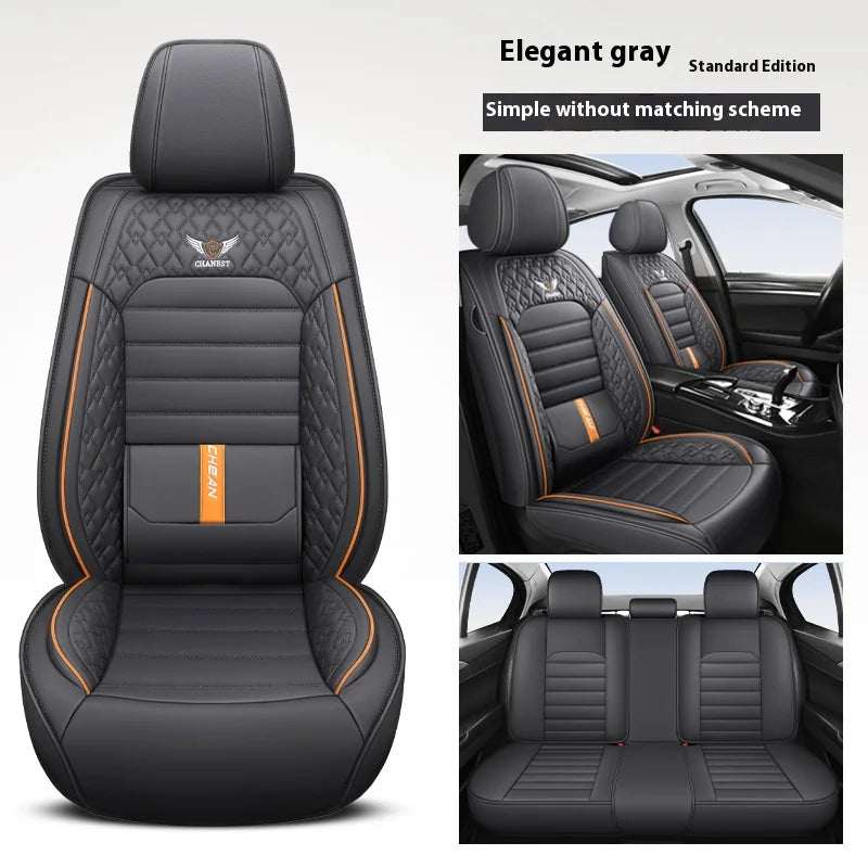 5-Seat Universal Car Seat Cover in charcoal gray artificial leather with quilted panels, orange piping and lumbar support