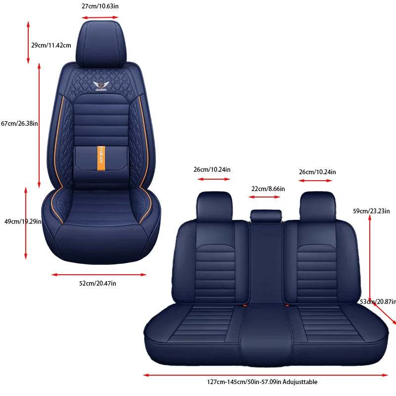 5-Seat Universal Car Seat Cover in navy blue artificial leather with quilted fronts, ribbed panels, and orange trim