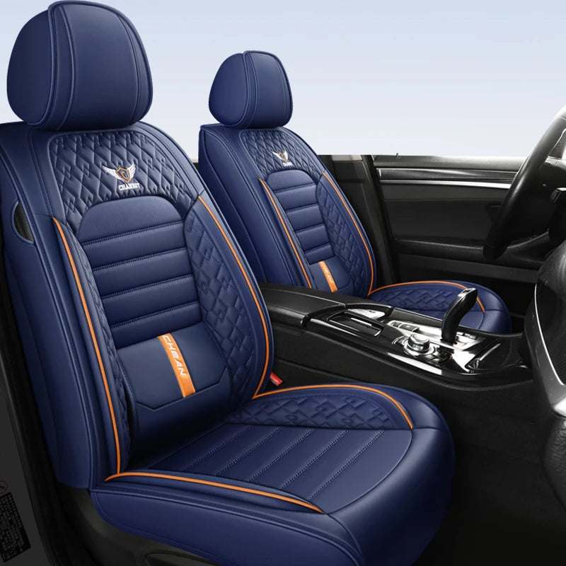 5-Seat Universal Car Seat Cover in navy blue leather with quilted diamond panels, orange piping and lumbar support