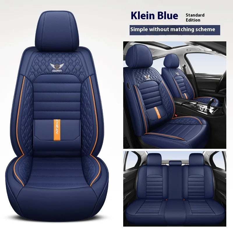 5-Seat Universal Car Seat Cover in navy blue artificial leather with quilted side panels, orange piping and lumbar support