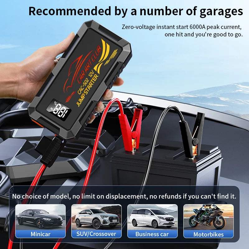 6000A Peak Car Jump Starter, a black rectangular portable booster with red and yellow graphics, connected to battery clamps.