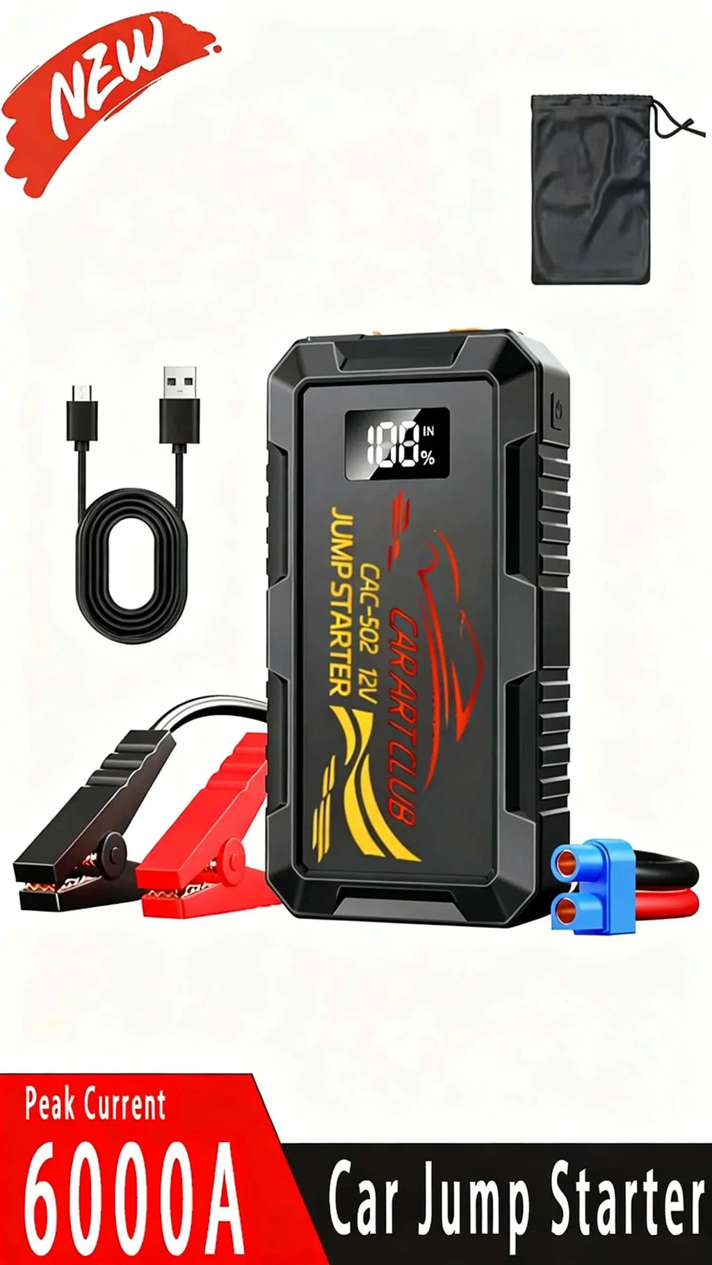6000A Peak Car Jump Starter in black with red and yellow graphics, digital charge display, cables, clamps and pouch.