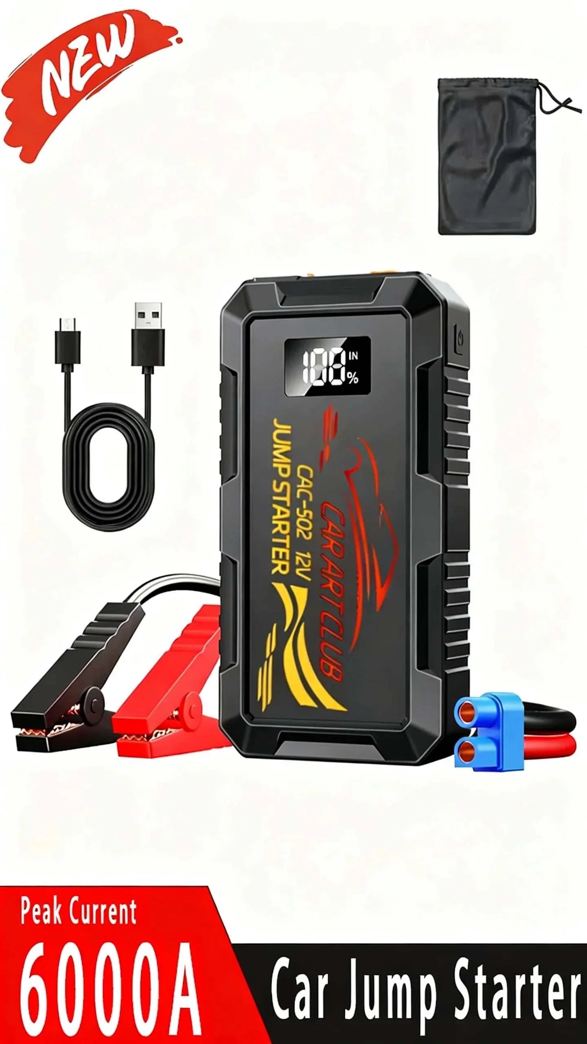 6000A Peak Car Jump Starter in black with red and yellow graphics, digital charge display, cables, clamps and pouch.