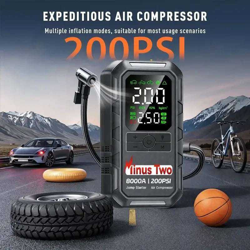8000A Car Jump Starter with air compressor, black rugged body and digital display, shown with tires and inflation hose