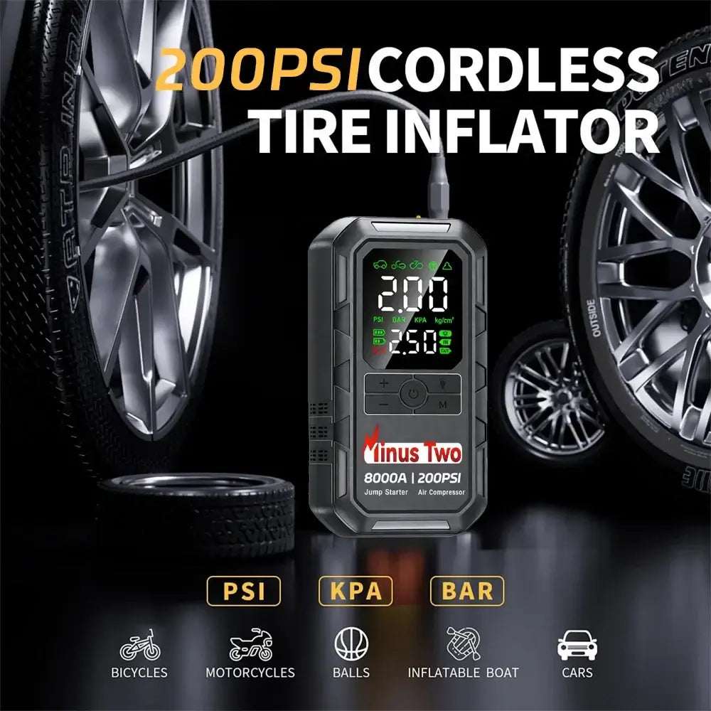 8000A Car Jump Starter, black cordless tire inflator with a digital pressure display and 200 PSI rating
