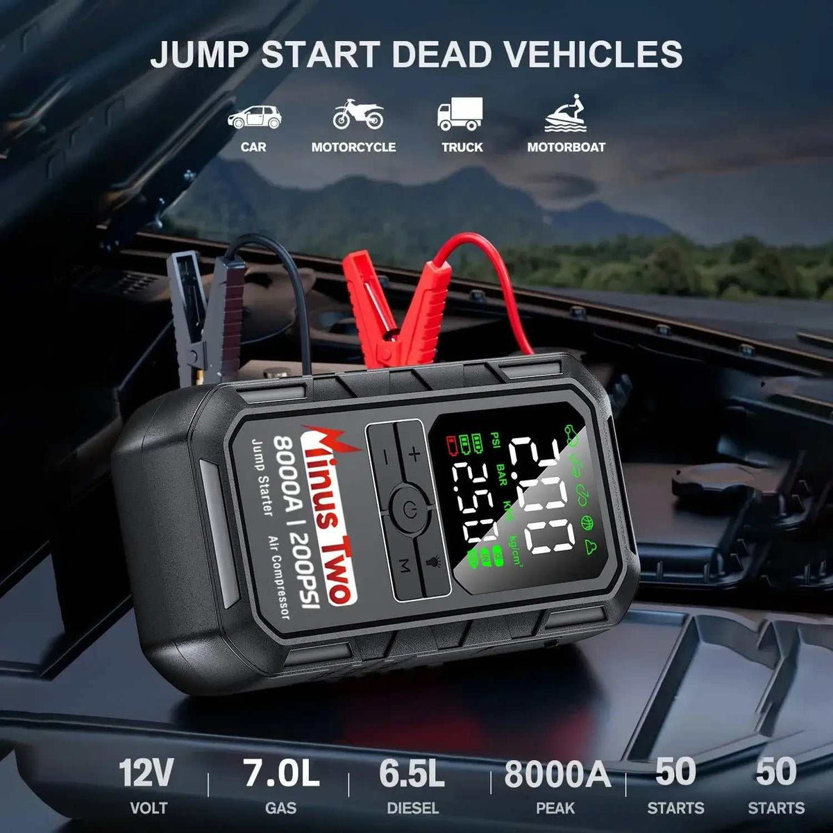 8000A Car Jump Starter, rugged black rechargeable unit with red and black battery clamps and illuminated digital display