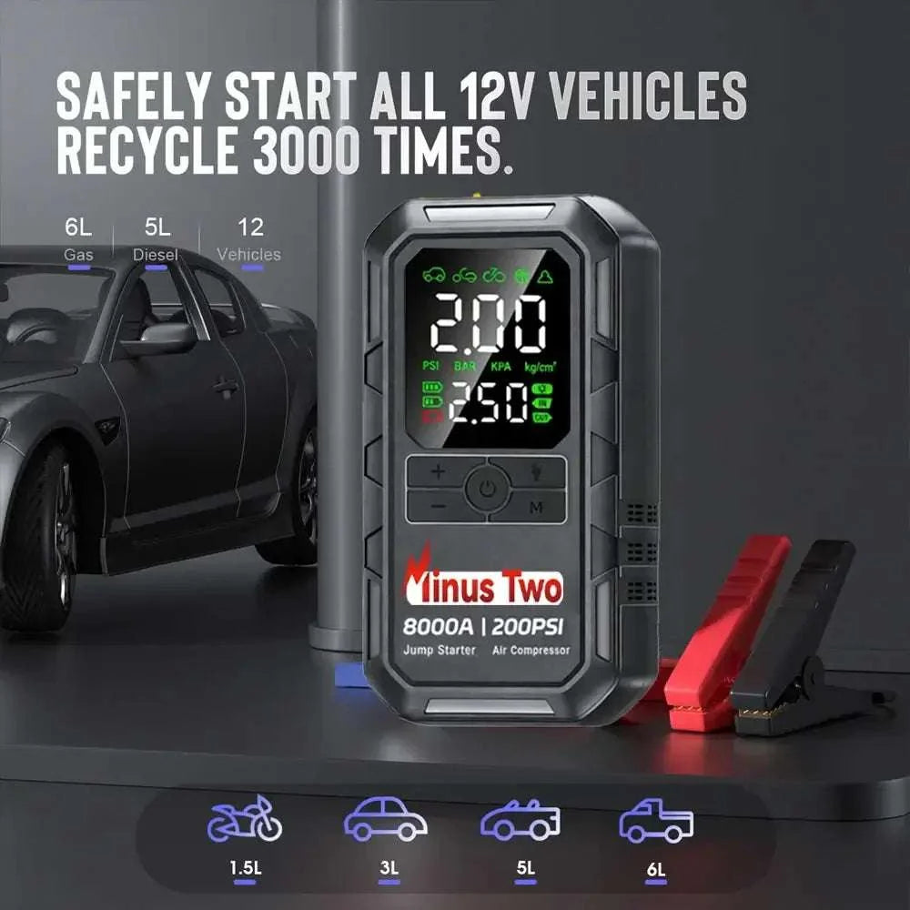 8000A Car Jump Starter in a black rugged case with digital display, red and black clamps, and air compressor