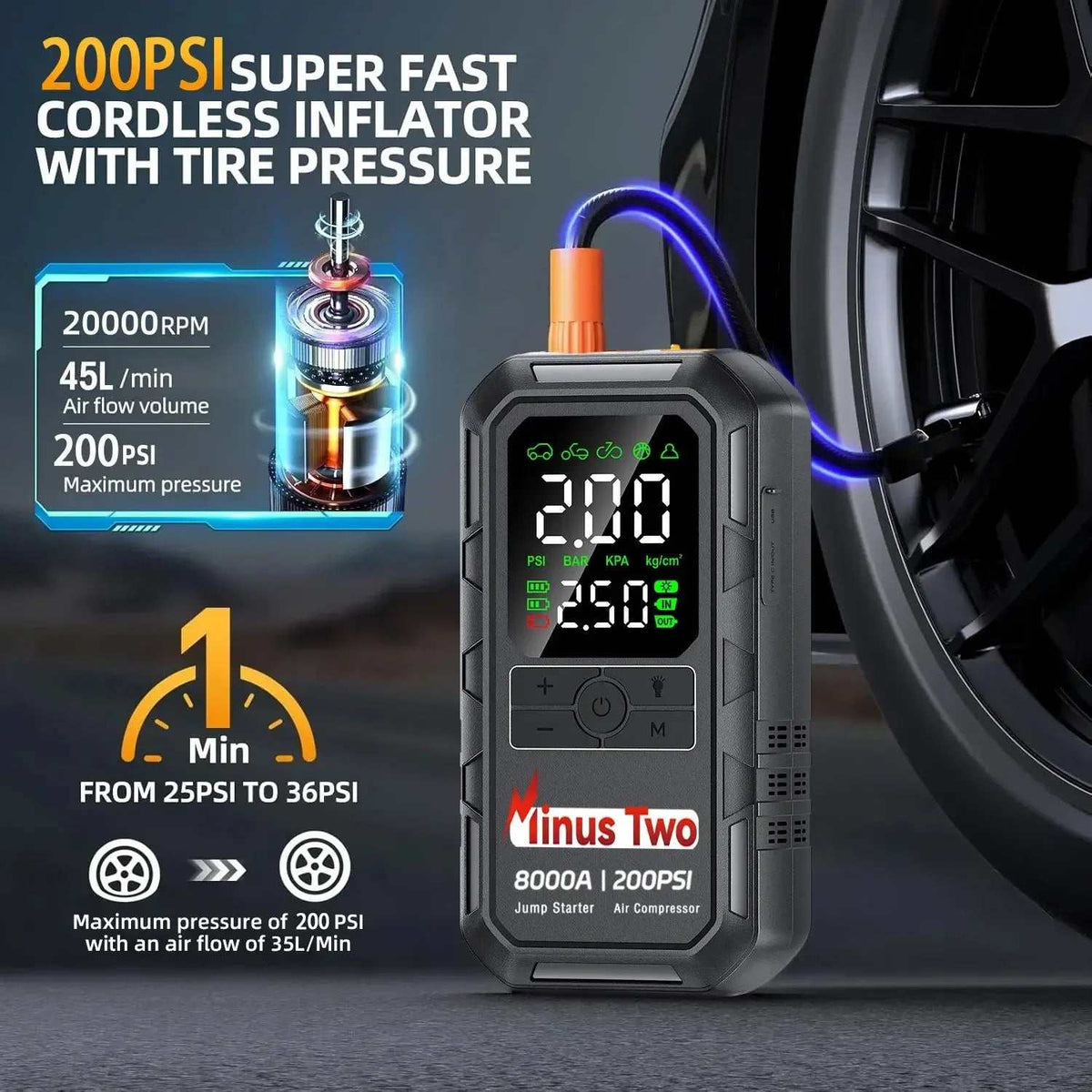 8000A Car Jump Starter in a black rectangular case with a digital pressure display, hose, and tire inflator controls