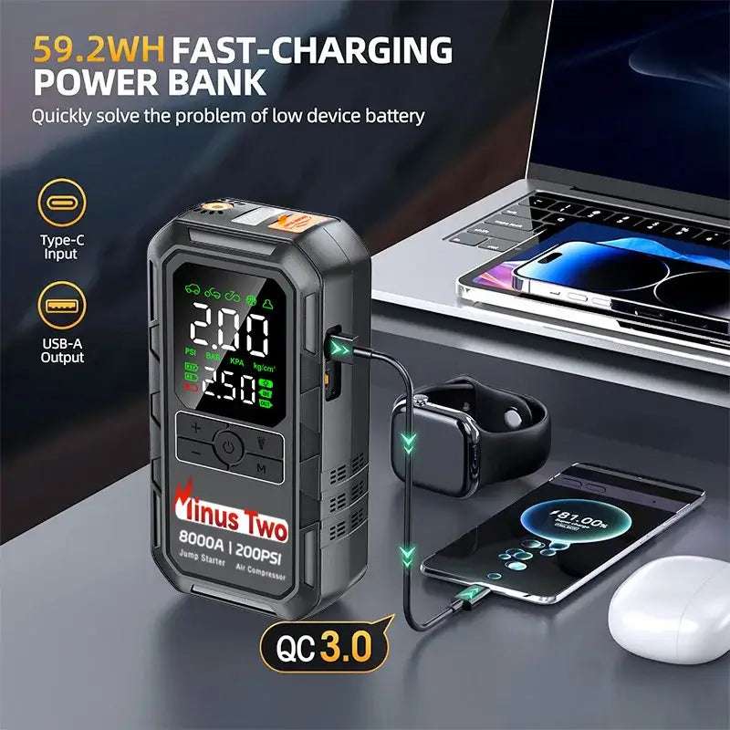 8000A Car Jump Starter in black with a digital display, USB-A and USB-C ports, charging a phone and smartwatch