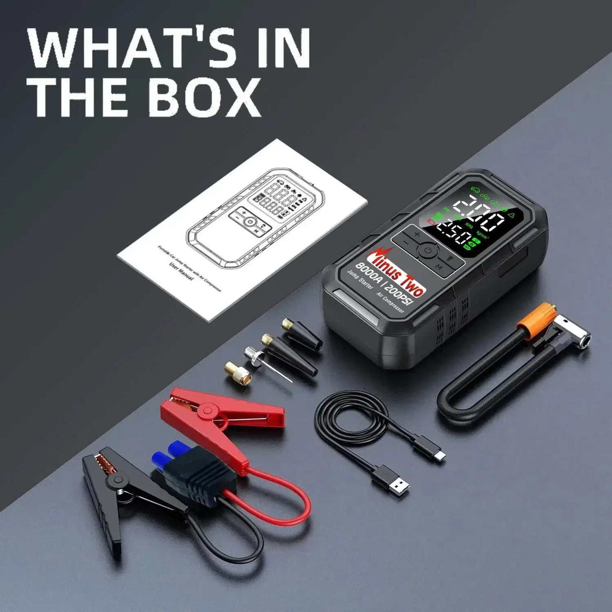 8000A Car Jump Starter kit with a black digital power unit, red and black clamps, USB cable, adapters and air hose