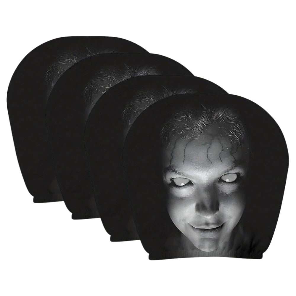 Aoifn Ghost Face Car Headrest Covers in black synthetic fabric, featuring a grayscale creepy face print on four covers