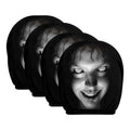Aoifn Ghost Face Car Headrest Covers in black stretch fabric, printed with eerie grayscale faces, shown as a set of four.