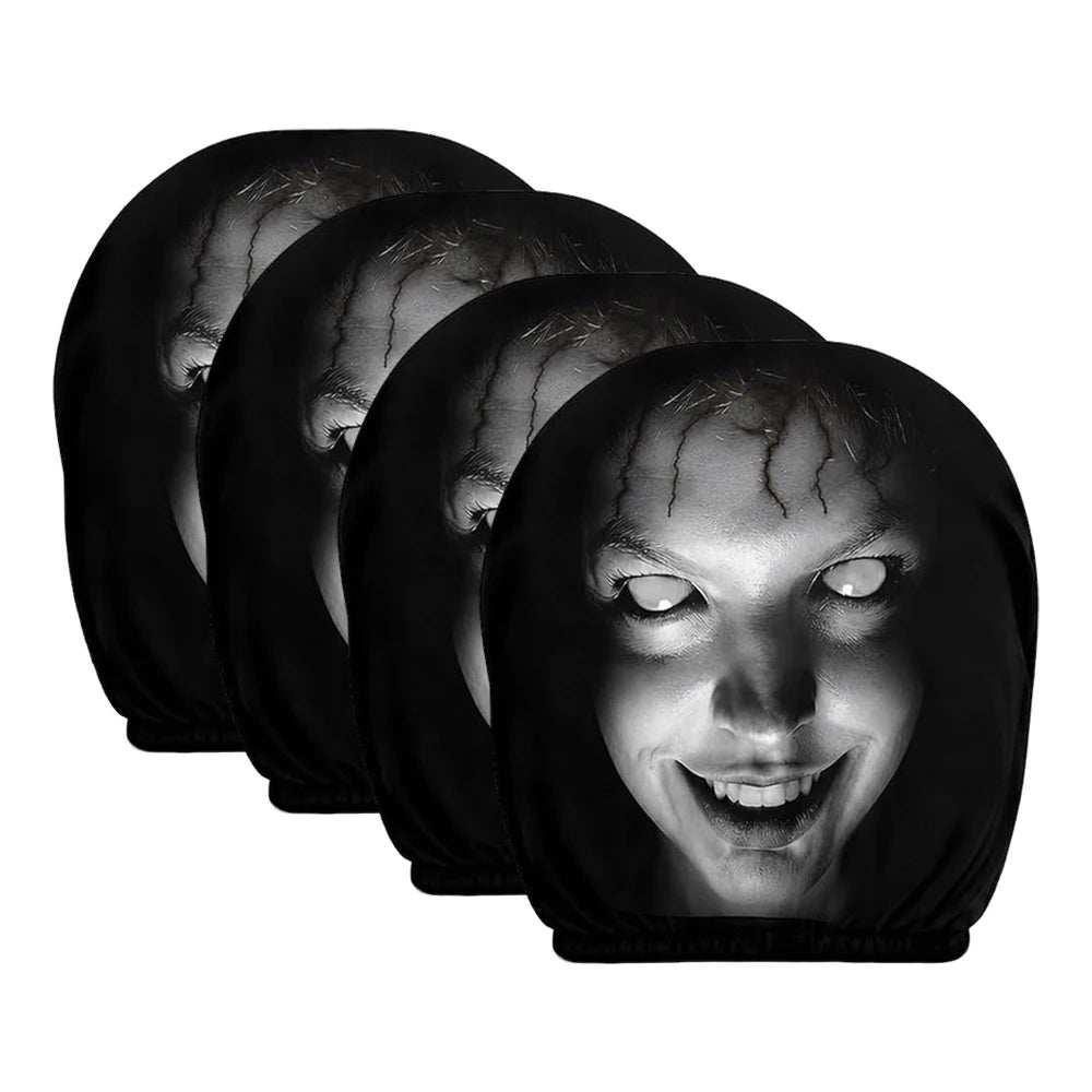 Aoifn Ghost Face Car Headrest Covers in black stretch fabric, printed with eerie grayscale faces, shown as a set of four.