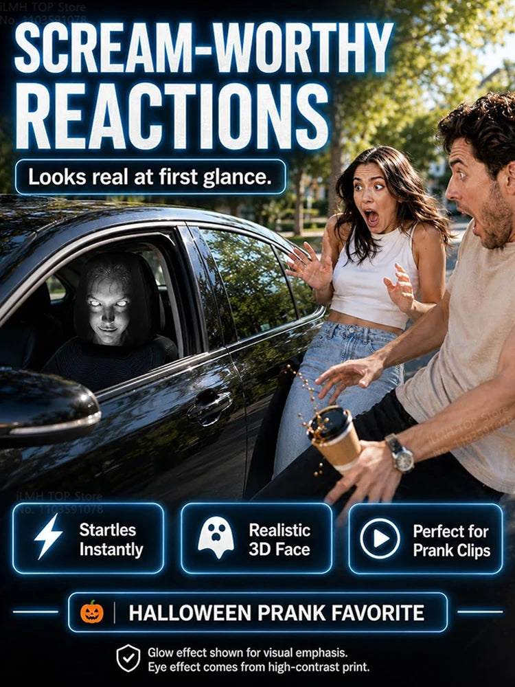 Aoifn Ghost Face Car Headrest Covers show a realistic white ghost face on black fabric, startling a couple beside a car.