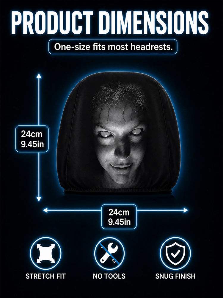 Aoifn Ghost Face Car Headrest Covers shown as a black stretch fabric cover with a monochrome ghost face print and snug fit.