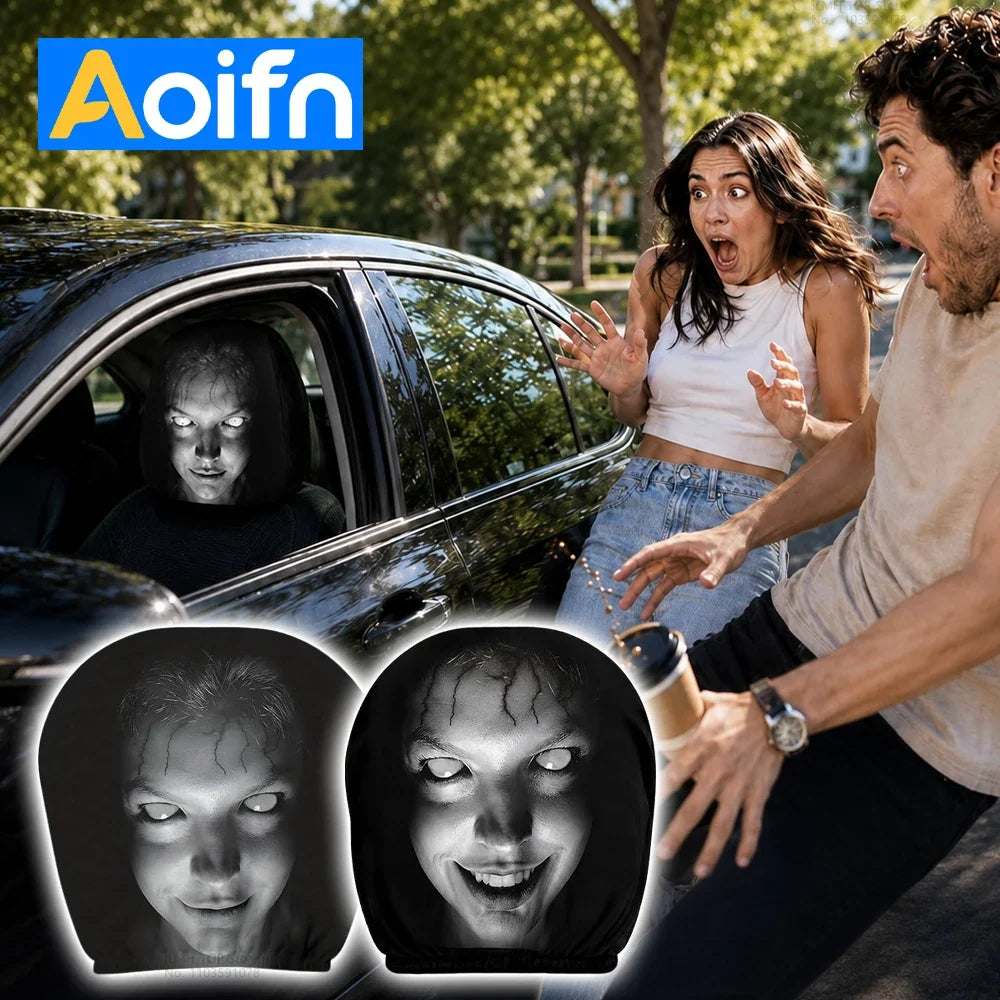 Aoifn Ghost Face Car Headrest Covers in black stretchy fabric, printed with two eerie monochrome ghost faces and pale eyes.