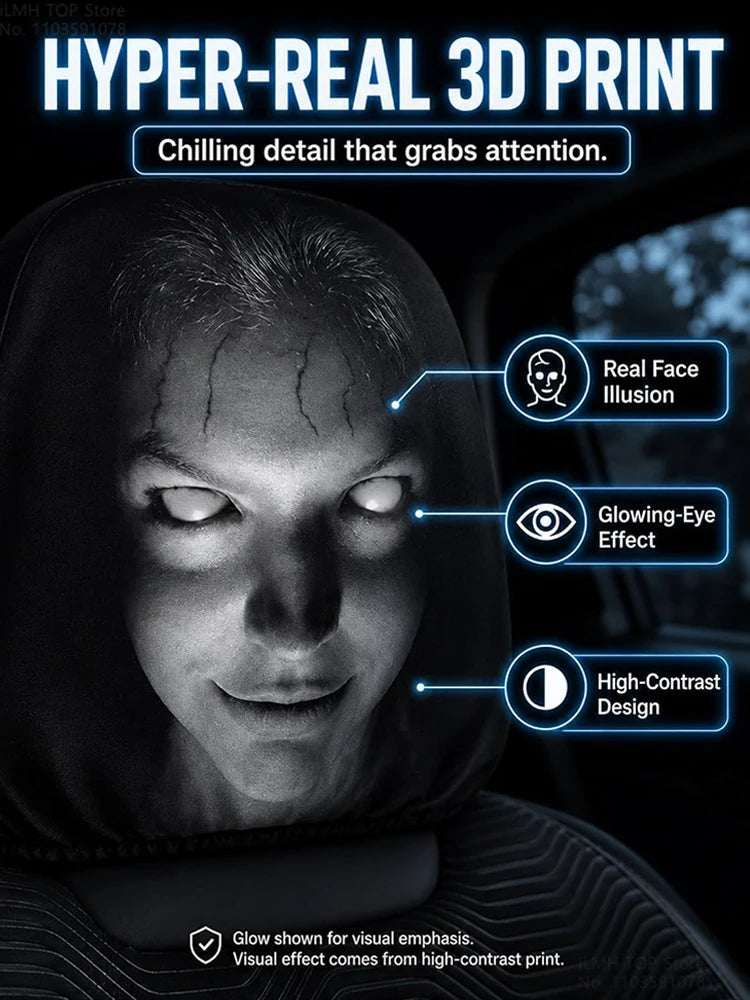 Aoifn Ghost Face Car Headrest Covers in black polyester with a hyper-real grayscale face print and glowing white eyes