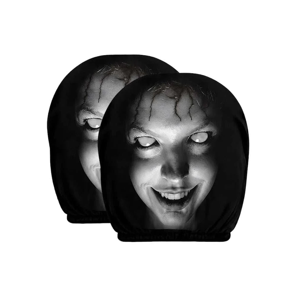 Aoifn Ghost Face Car Headrest Covers in black polyester, featuring a pair of grayscale horror faces with glowing white eyes